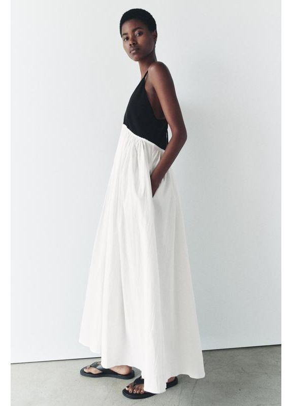Білий сукня міді на бретелях з контрастною спідницею Zara