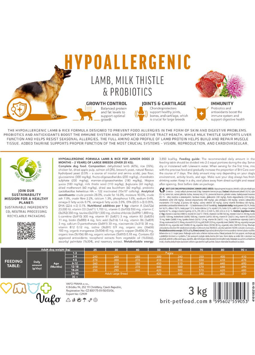 Сухой корм Dog Hypoallergenic Junior Large Breed для молодых собак больших пород, гипоаллергенный с ягненком, 12 кг Brit Care (362703354)