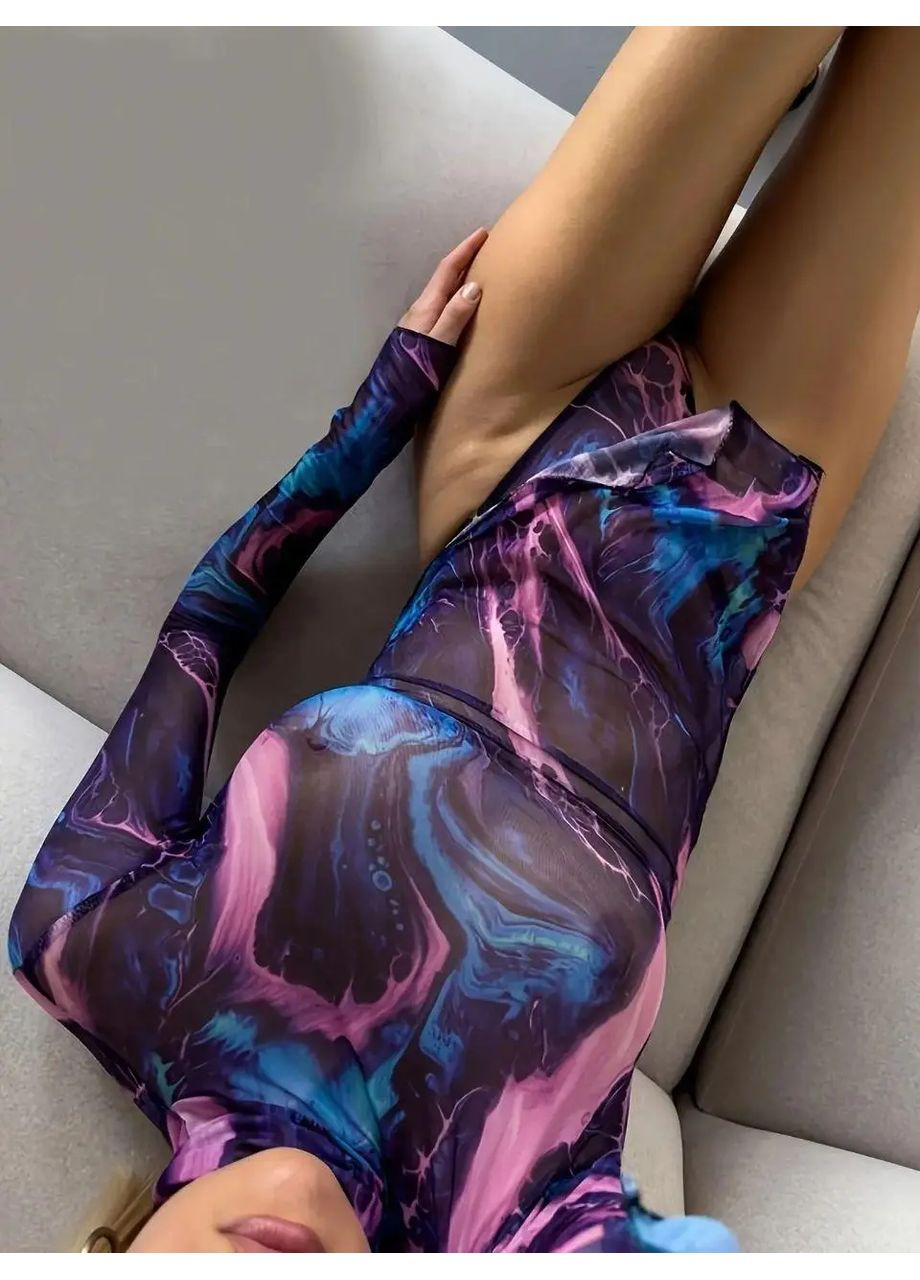 Темно-фиолетовый демисезонный элегантный трендовый пеньюар тай-дай с абстрактной аппликацией и стрингами в комплекте, сетчатый разноцветный No Brand пеньюар Тай-Дай вогонь