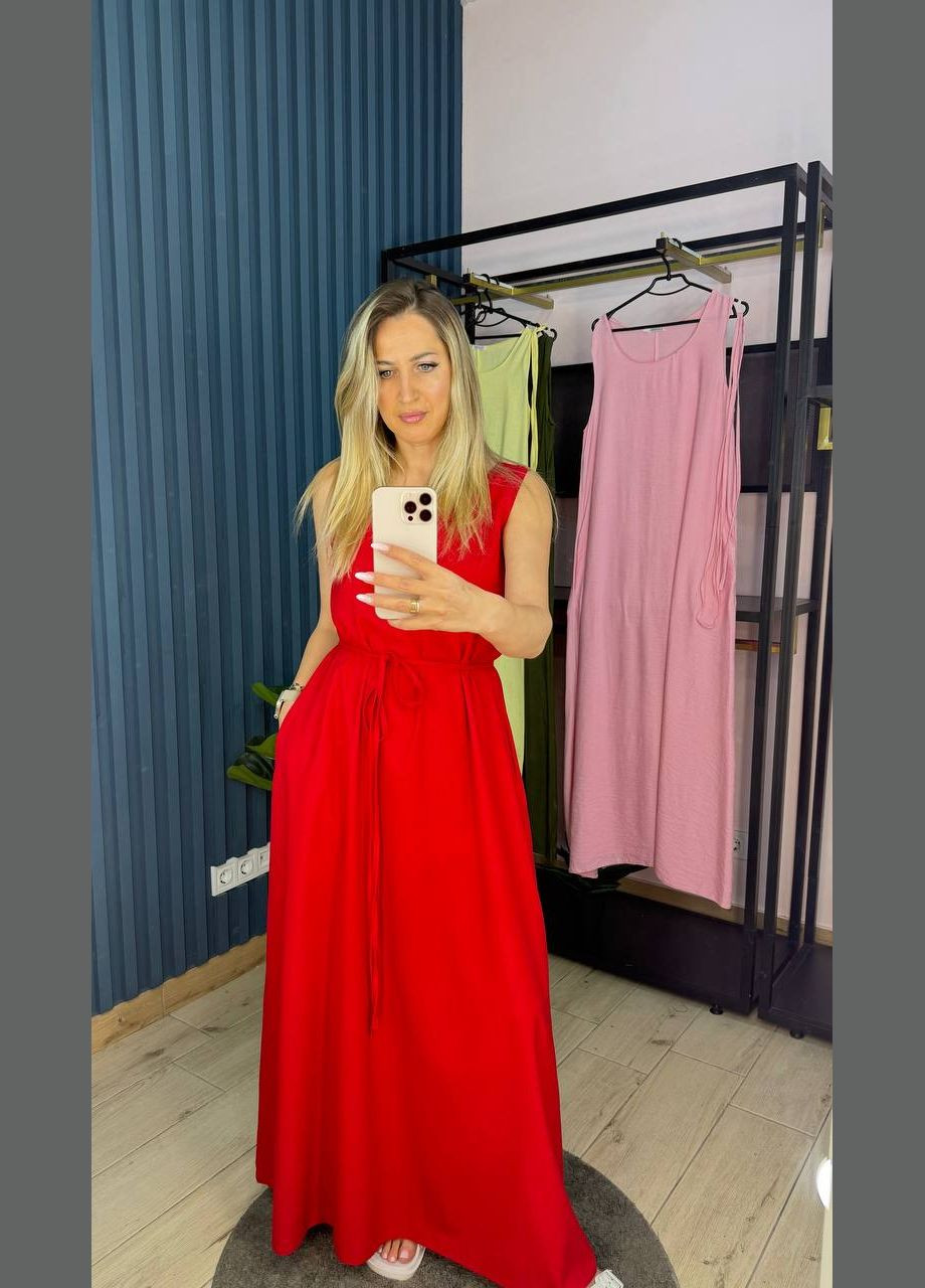 Красное кэжуал льняное платье длины макси Adelante однотонное