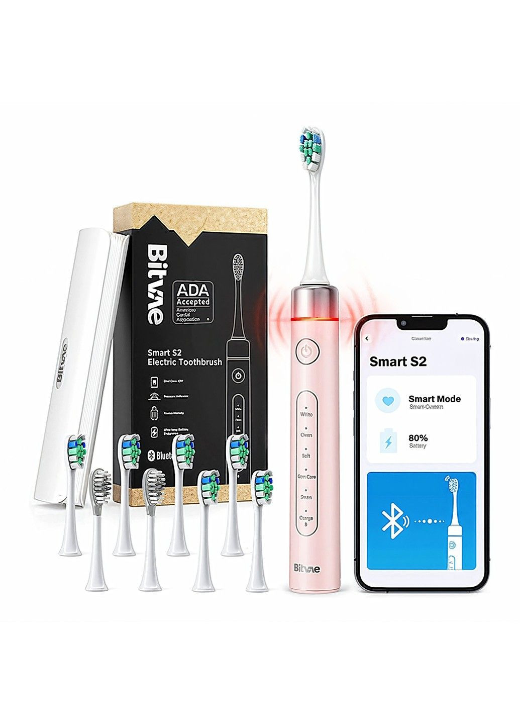 Электрическая зубная щетка S2 Smart 8 насадок и футляр Pink Bitvae (317941194)