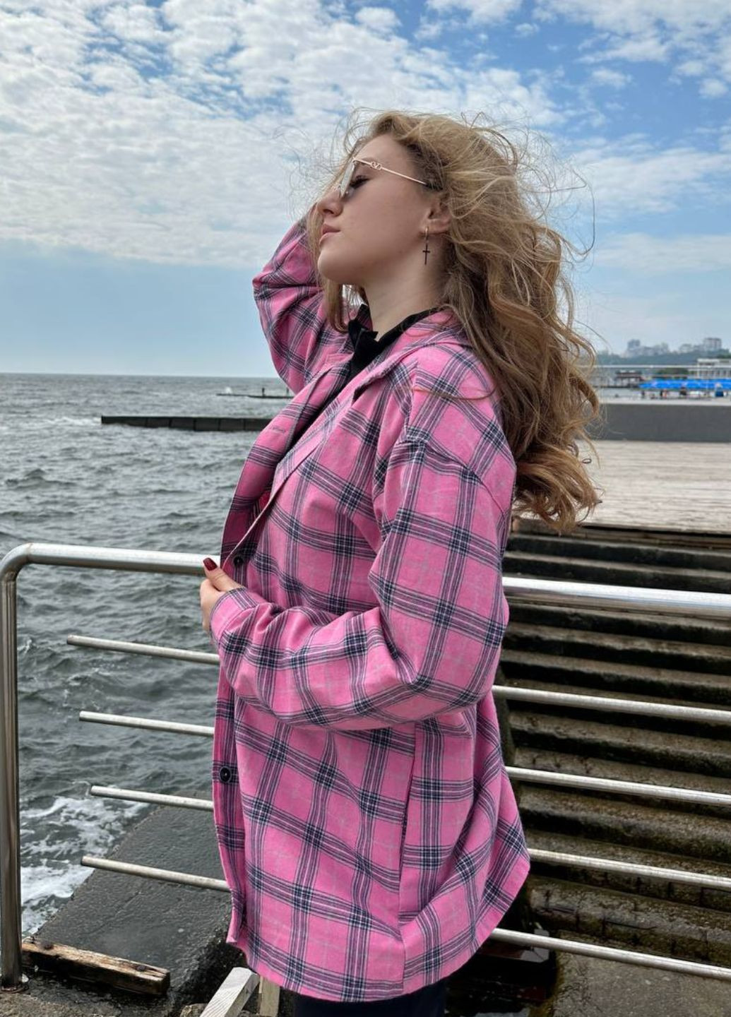 Розовая повседневный рубашка в клетку Україна с длинным рукавом
