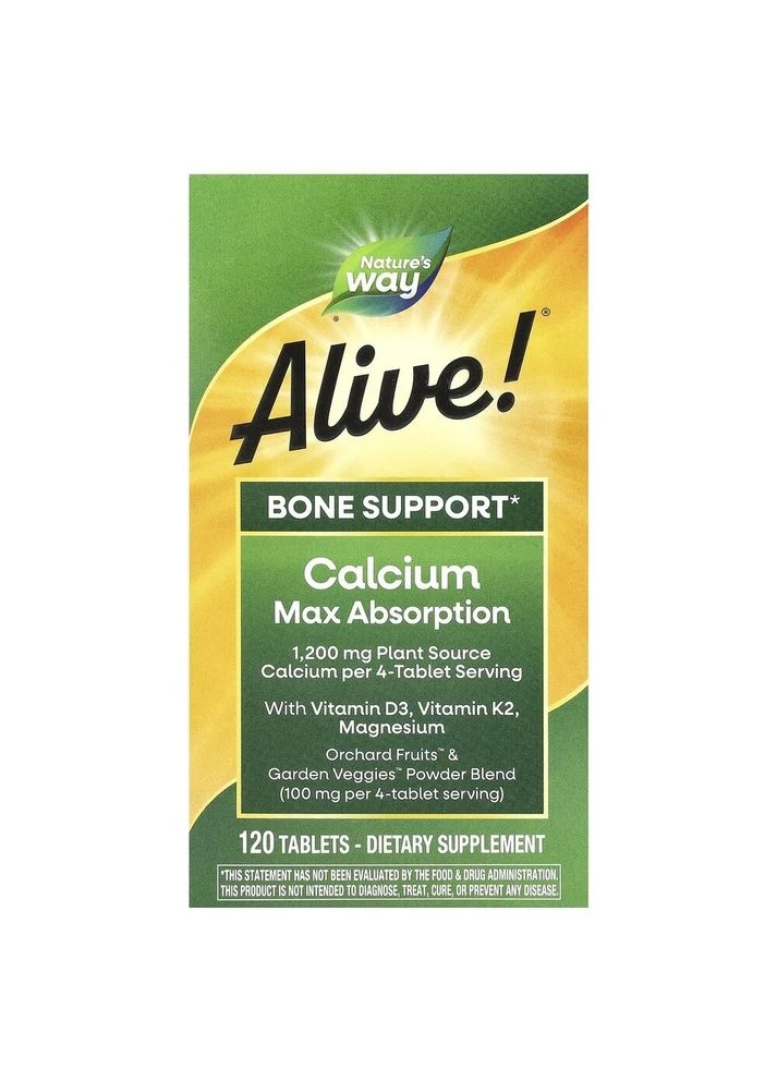 Кальцій, магній та вітаміни D3 і K2 Alive! Calcium Bone Support, 120 таблеток для підтримки кісток і зубів Nature's Way (322209796)