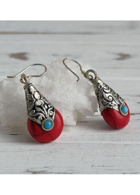 Тибетські етнічні сережки-підвіски ручної роботи червоні No Brand (366871697)