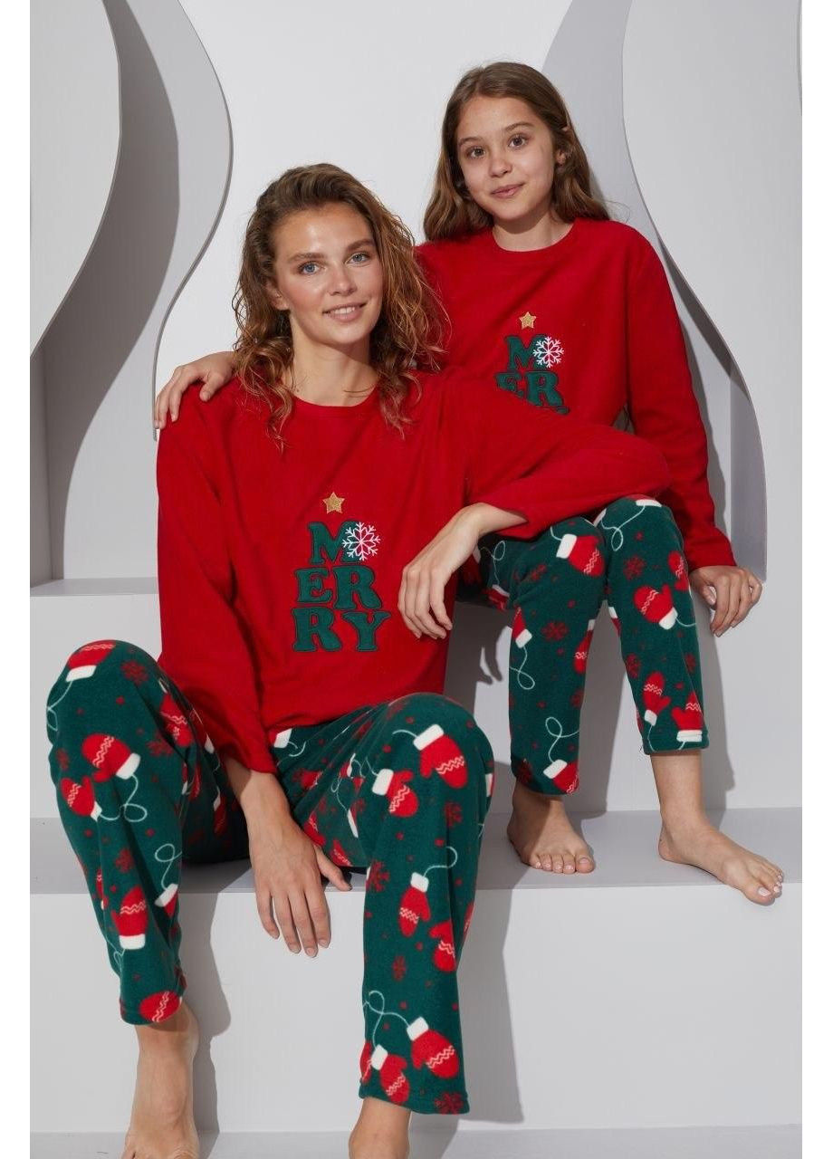 Червона зимня піжама тепла для дівчаток "зимова рукавичка" кофта + брюки Leyla