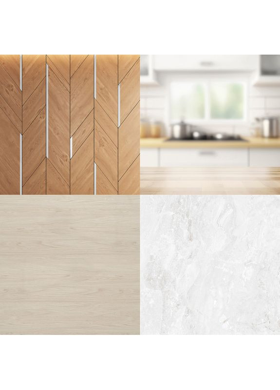 Угловой виниловый фотофон 3D, стена ёлочка кухня, пол светлое дерево и мрамор, 50×50 см, №58311 PhotoVinyl (354364432)