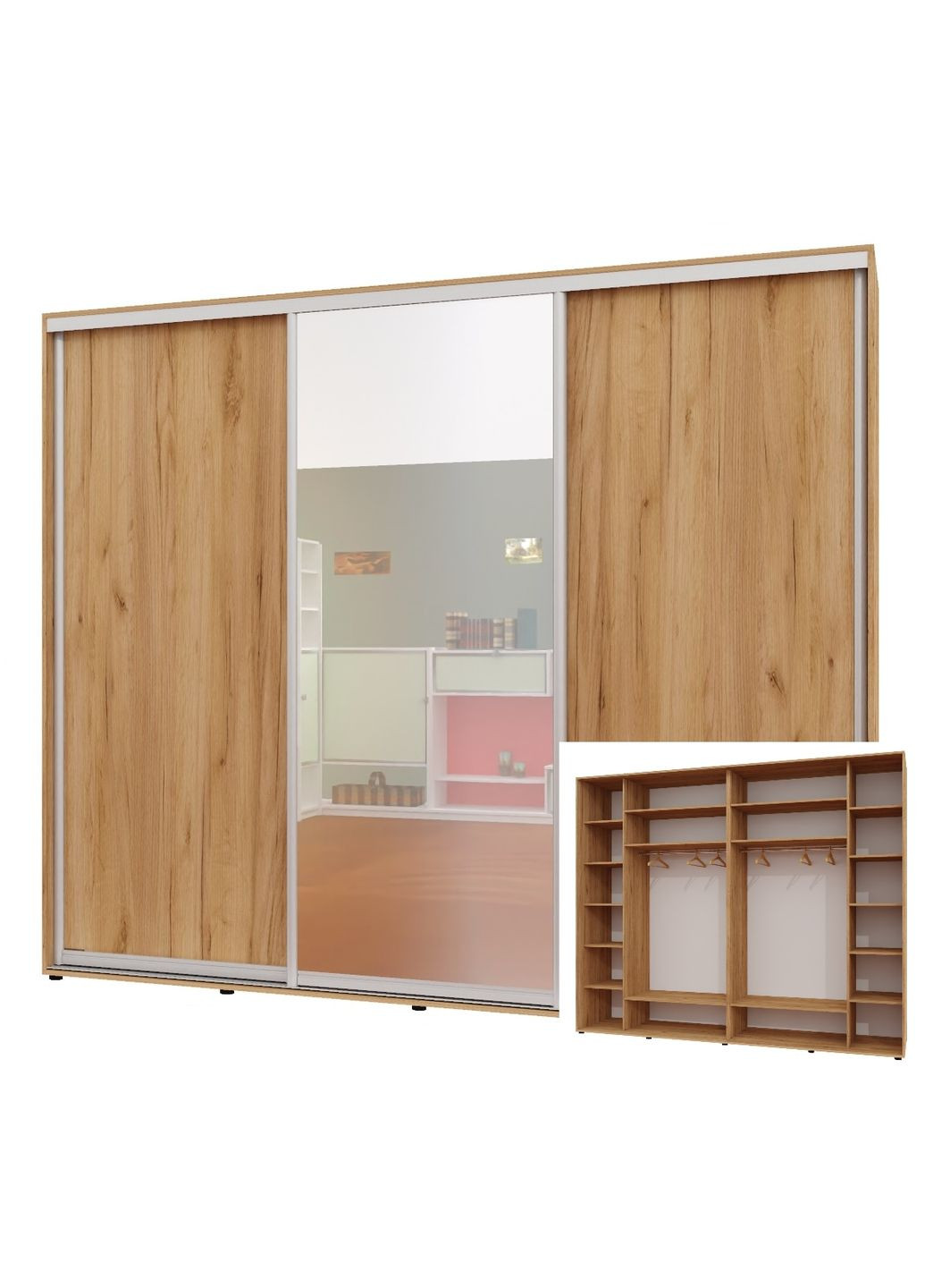 Шкаф-купе трехдверный 300*60*240 см Дуб крафт золотой 3 двери ДСП + Зеркало + ДСП Люкс-147 Алекса (360436941)