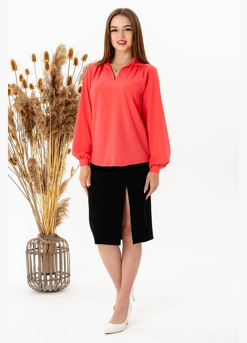 Коралова блузка класична жіноча 052 однотонний софт коралова Актуаль