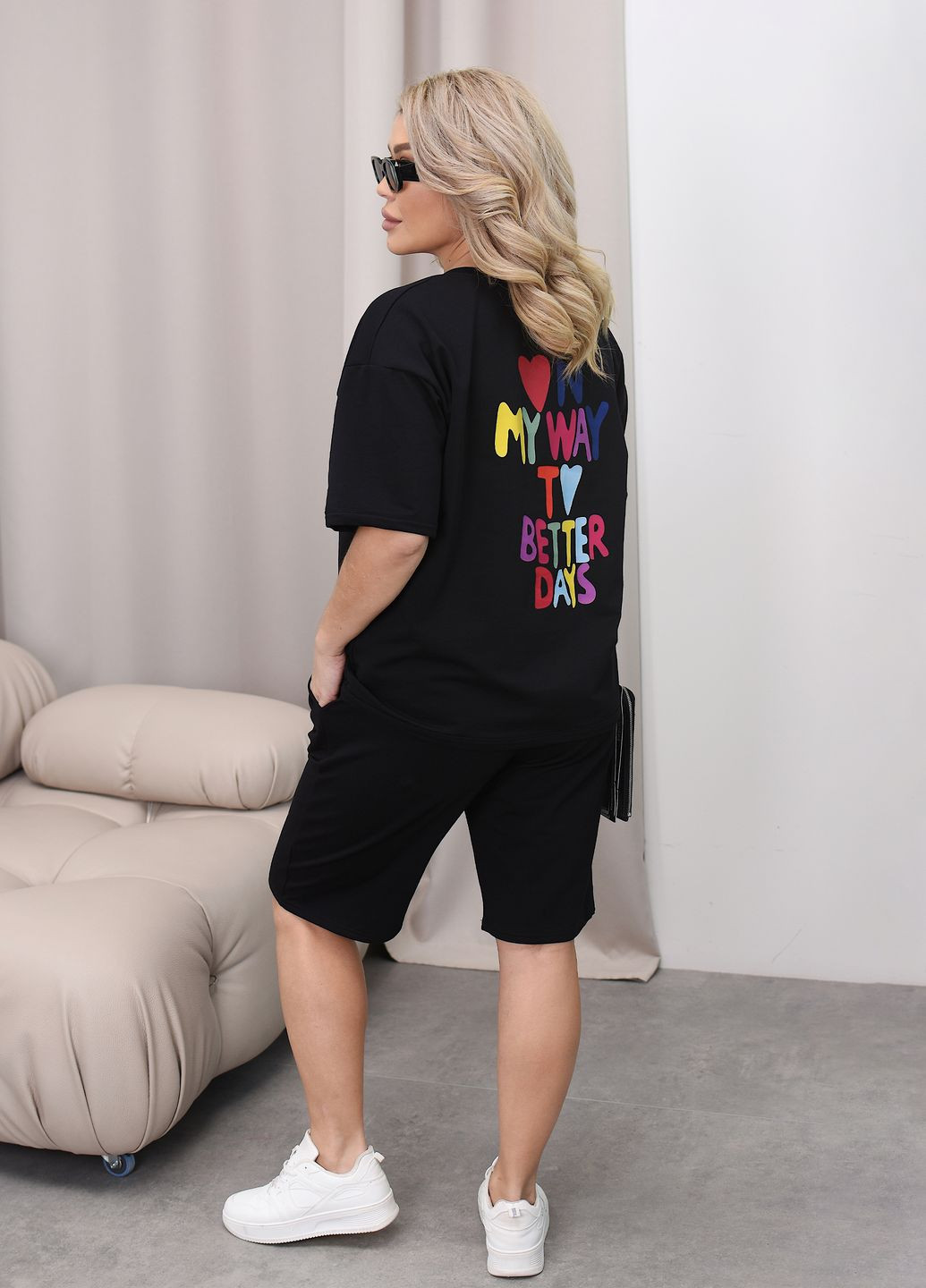 Костюм женский летний оверсайз из двунитки Penye (футболка + шорты) No Brand (336965536)