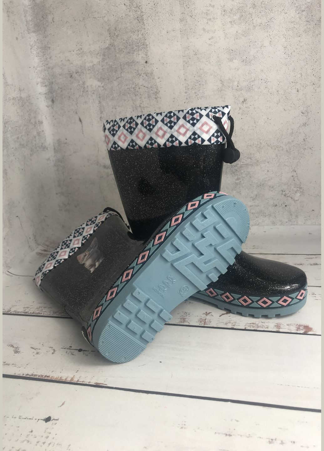 Черные резиновые сапоги детские для девочки черный (507) American Club На завязках