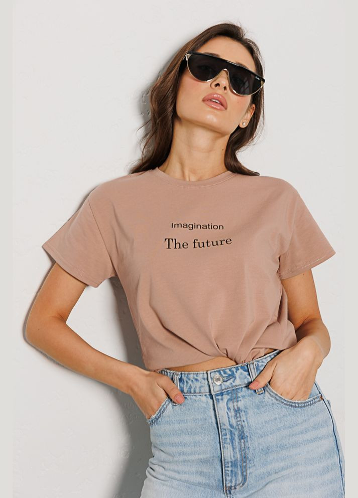 Бежева літня жіноча футболка з написом imagination the future Arjen