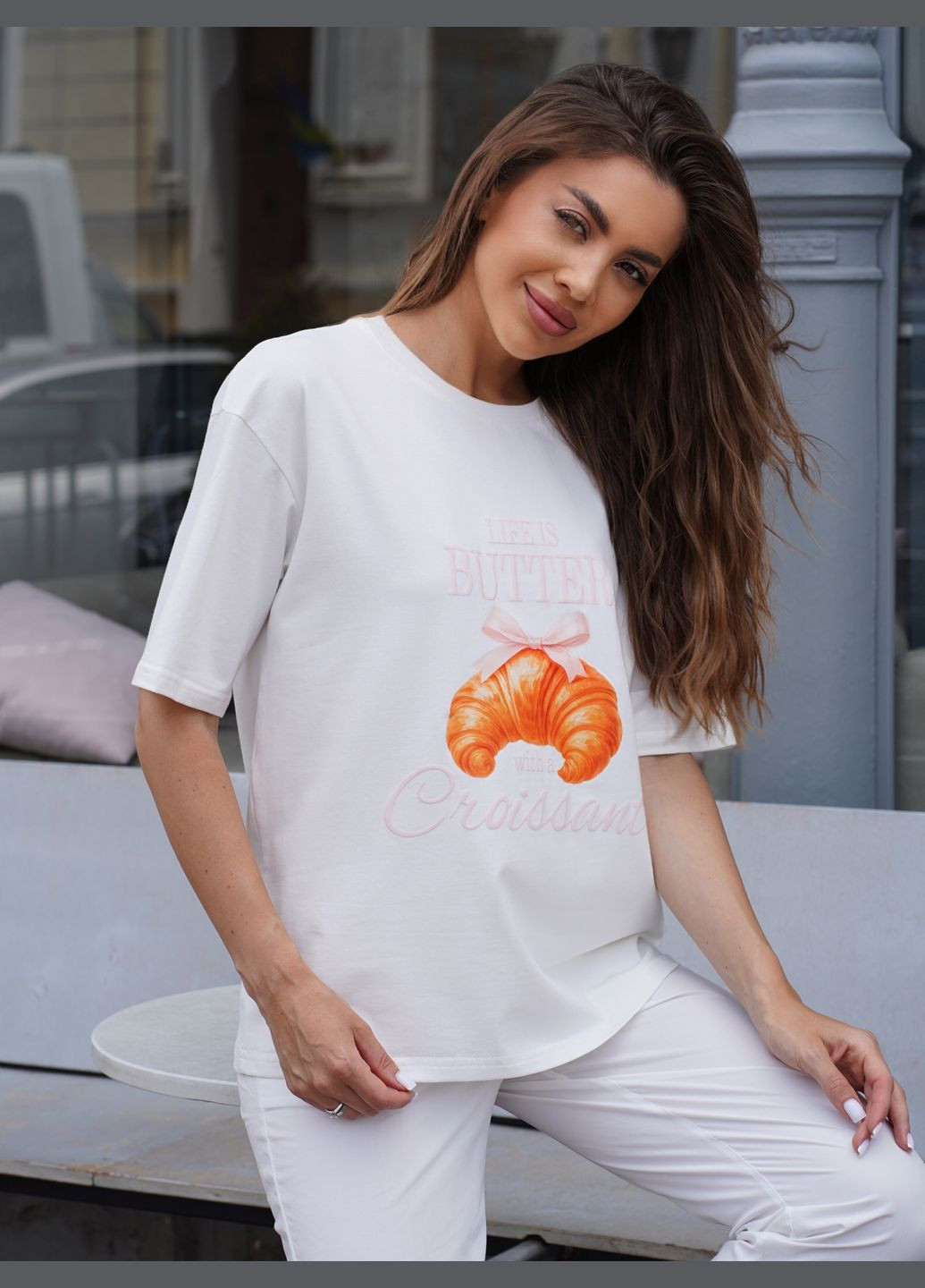 Футболка женская оверсайз с принтом Croissant базовые футболки женские из хлопка Черная Teamv - (340269521)