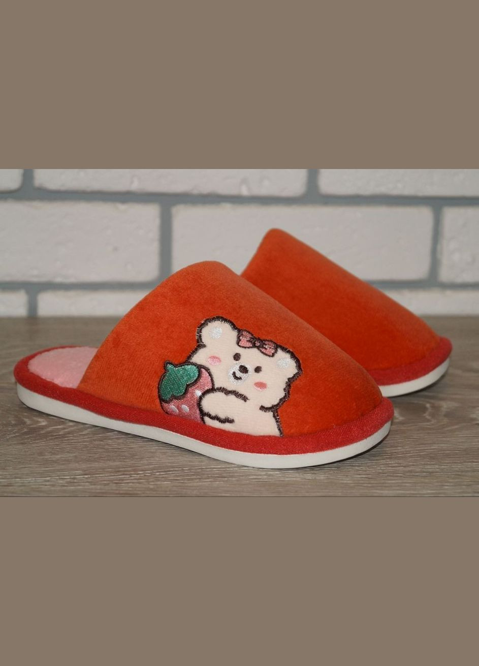Коралловые тапочки для девочки с милым мишкой No Brand с аппликацией, с белой подошвой