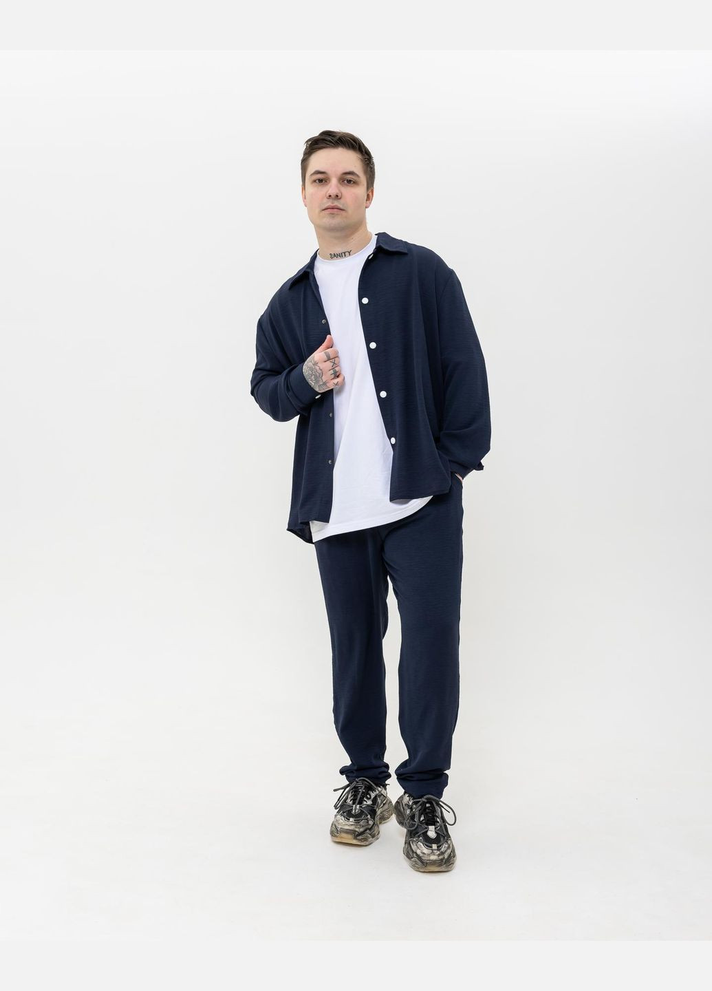 Темно-синій демісезонний костюм чоловічий сорочка-штани з сорочкою, брючний No Brand