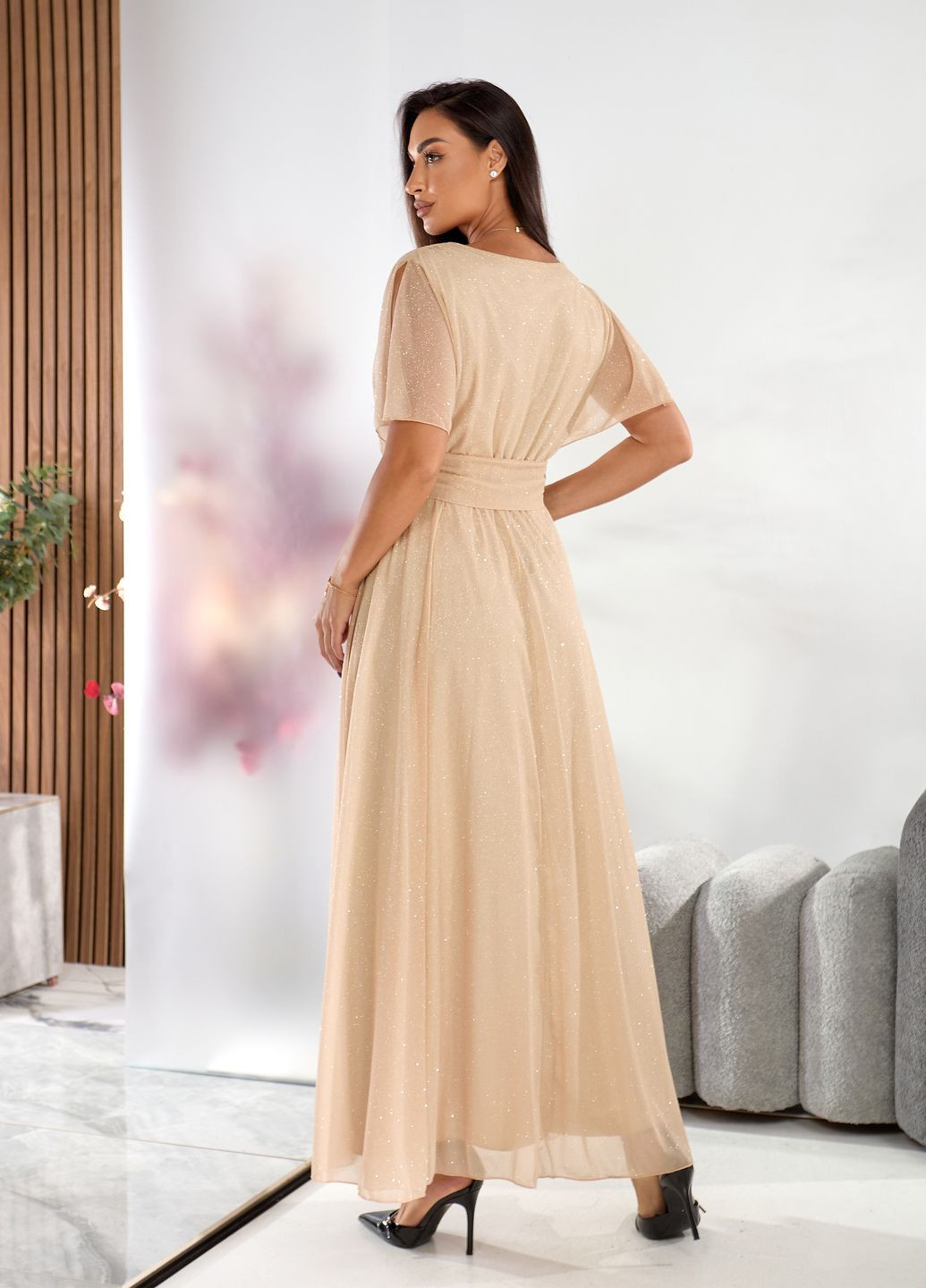 Золотистий святковий, карнавальний, вечірня сукня вечірня максі з блискітками дзвін, кльош, а-силует No Brand однотонна