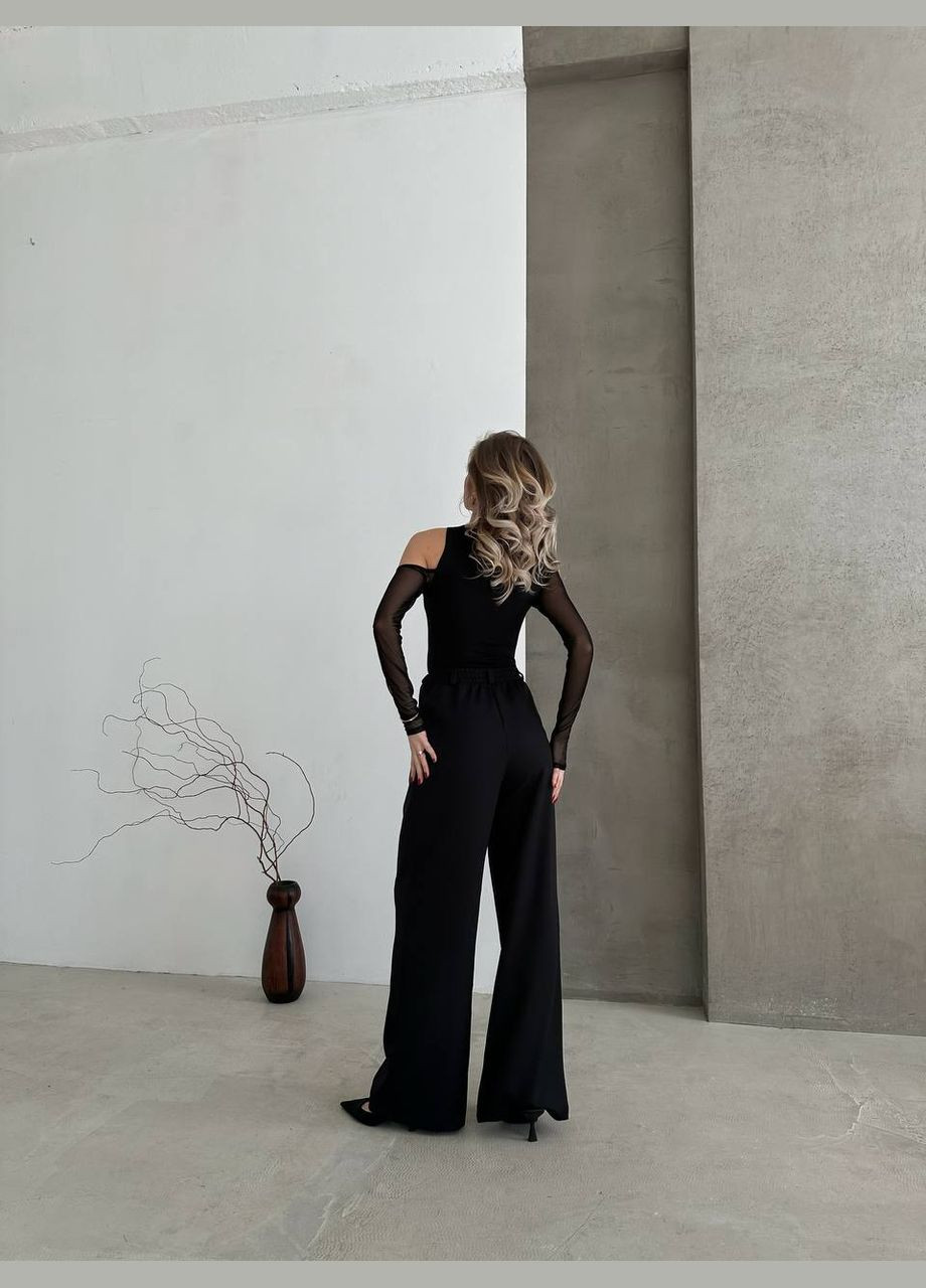Стильні прямі штани "палаццо" з якісної костюмки вільного крою,чорні широкі штани на шнурівці та високій посадці No Brand 236-1 (282742498)