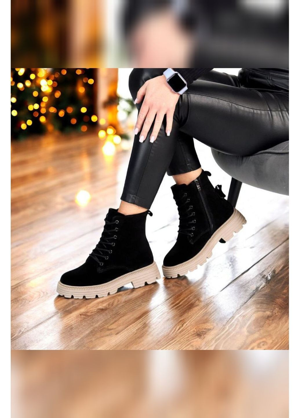 Жіночі зимові чорні замшеві черевики на хутрі із шнурівкою та блискавкою на бежевій підошві Jiulai-Kadisalun Черевики (368770275)