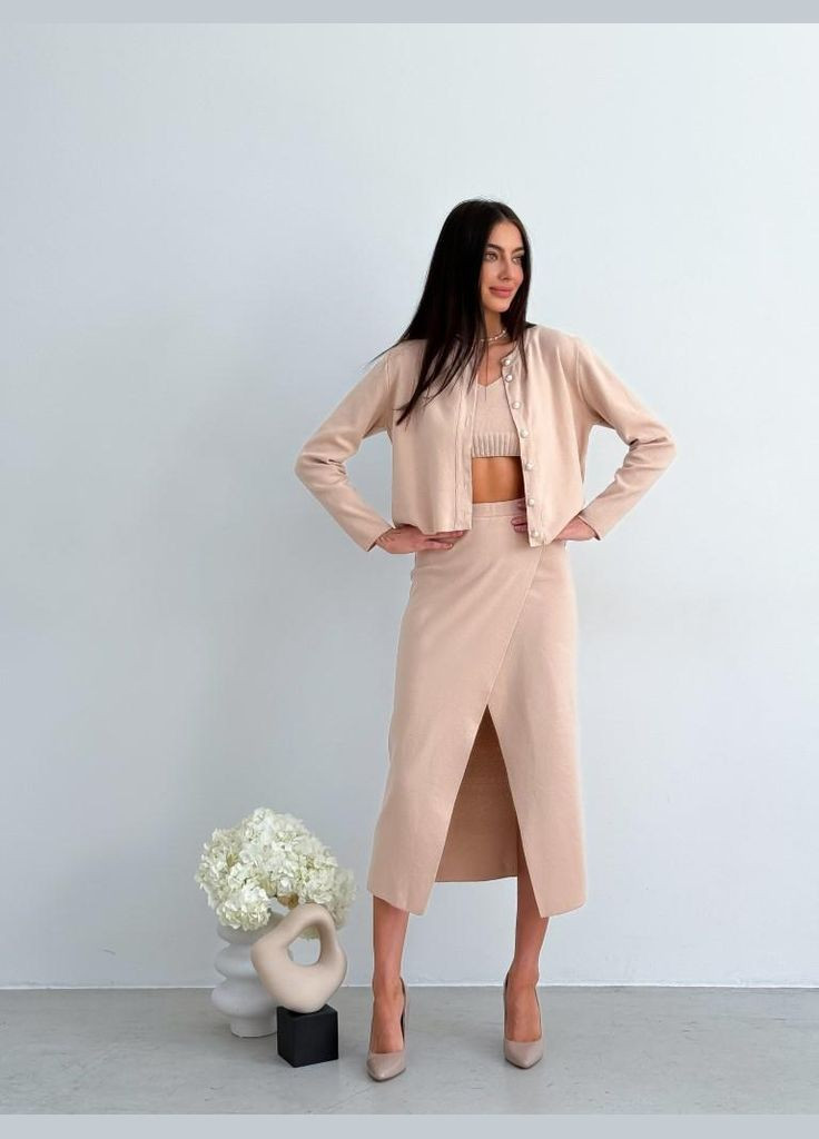 Бежевий демісезонний жіночий в'язаний кардиган середньої довжини artknit (ak35037p) Art Knit