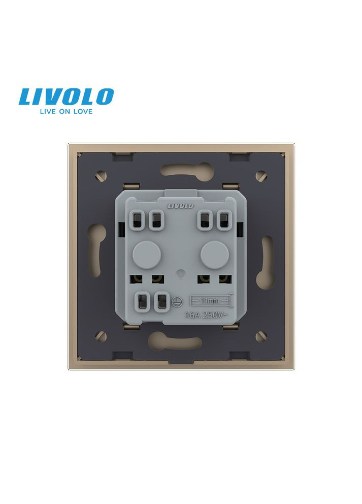 Електрична розетка з заземленням, золота, скляна рамка, шторки, 250В 16А (VL-C7C1EU-13) Livolo (370971444)