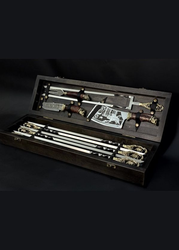 Набір шампурів Кабан із сікачем, ножем,вивкою та подвійним шампуром у дерев'яному кейсі 47330169 NB Art (346152107)