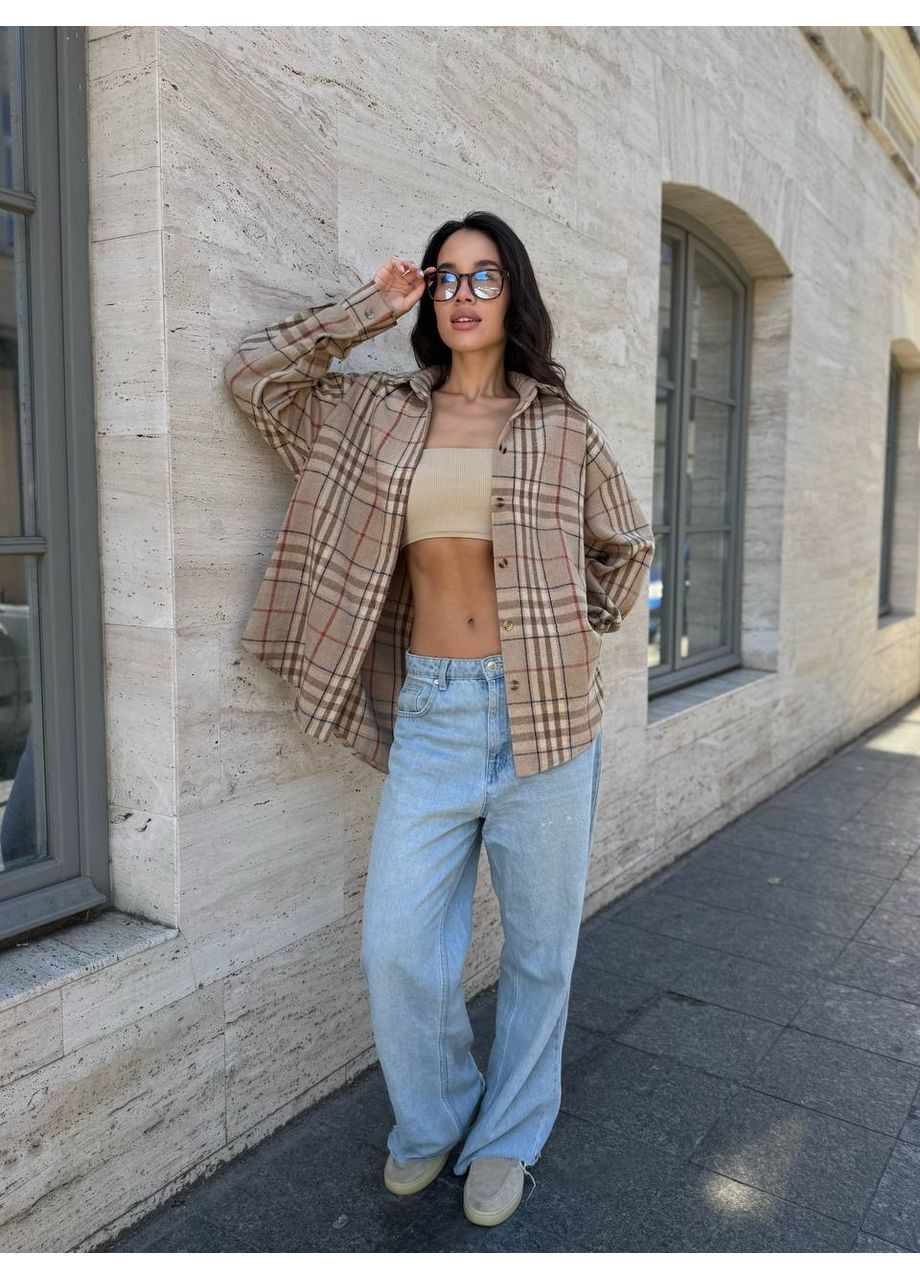 Жіноча байкова сорочка оверсайз на ґудзиках тепла подовжена беж You Best (358932399)