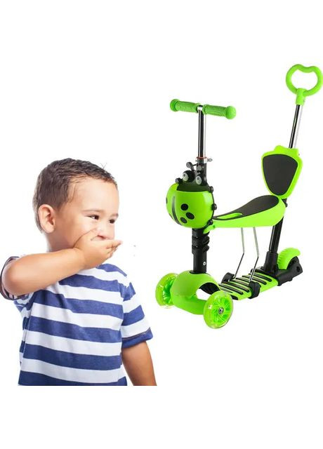 Детский самокат трехколесный светящиеся колеса беговел с сиденьем и родительской ручкой 5 в 1 беговел "Божья коровка" Зеленый No Brand (361385288)