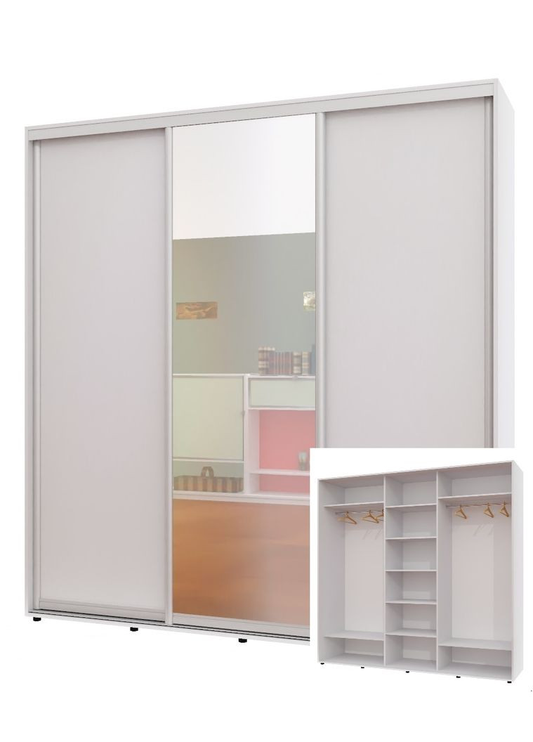 Шафа-купе тридверна 220*60*250 см Білий 3 двері ДСП + Дзеркало + ДСП наповнення ШК-04 Алекса (360454479)