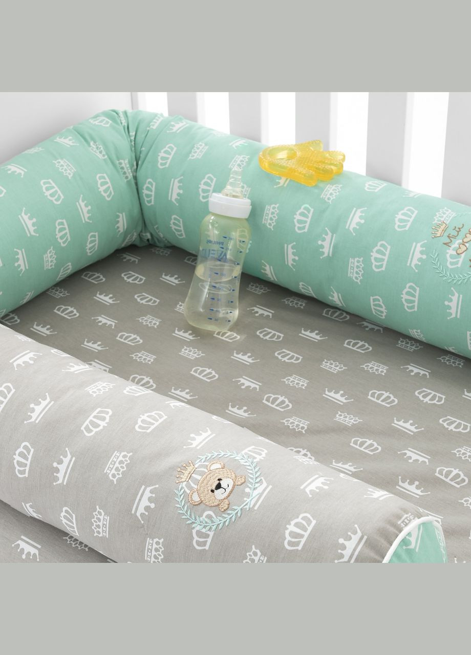 Набір бортик-валик захисний у ліжечко Papaella 120x15 см + 60x15 см бавовна м'ята/корона бежевий IDEIA (333819578)