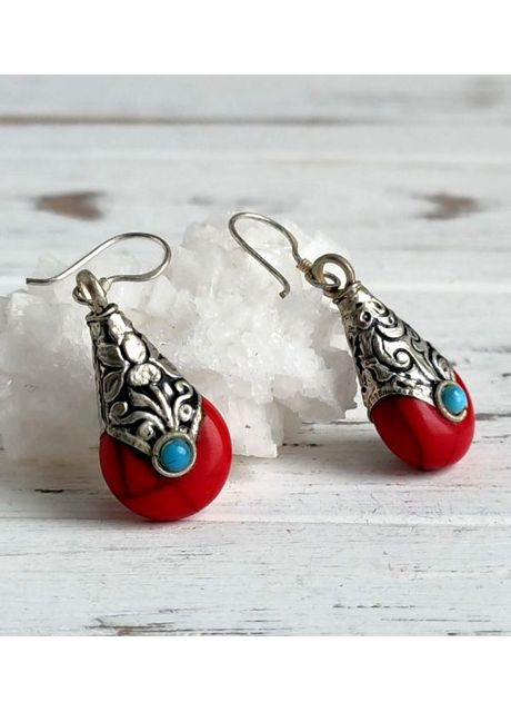 Тибетські етнічні сережки-підвіски ручної роботи червоні No Brand (366871697)