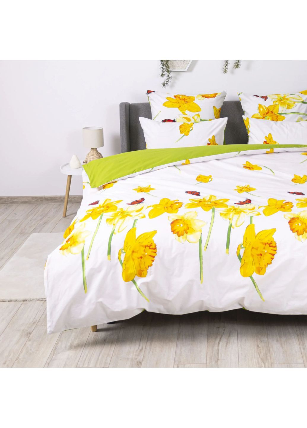 Полуторный комплект постельного белья Бязь с наволочками 70*70 см, 115 гр/м2 Яркий нарцисс Белый с зеленым (19270150215) ТЕП (365851613)