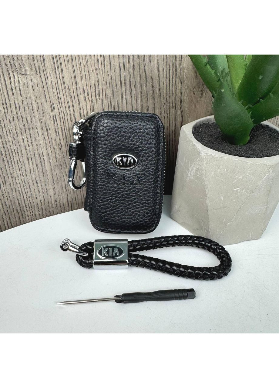 Кожаная ключница с брелоком для автомобильных ключей унисекс натуральная кожа бычья черная фурнитура металл ProDobro Kia (363221354)