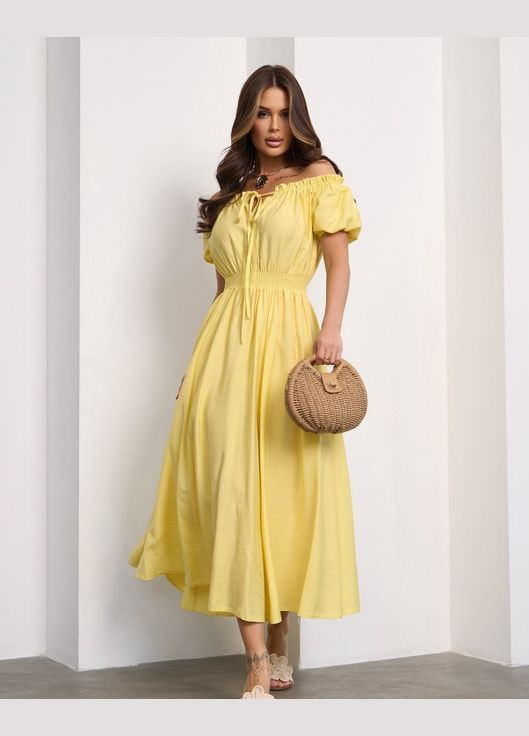 Желтое повседневный платья с открытыми плечами ISSA PLUS однотонное