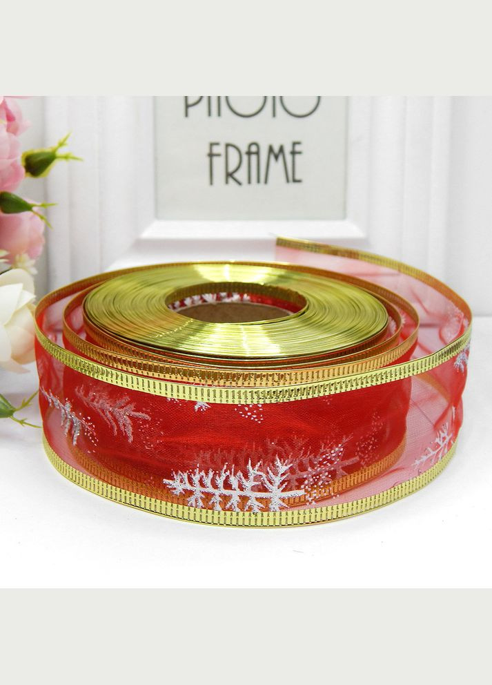 Лента новогодняя Елочки, проволочный край, 3,8 см, красная No Brand (340486941)