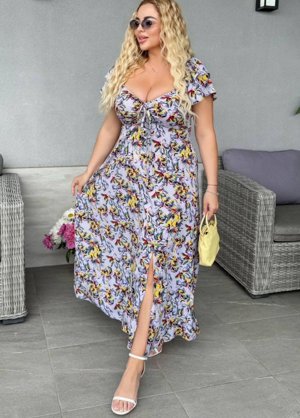 Жовтий повсякденний сукня максі з розрізами по боках а-силует Україна з абстрактним візерунком