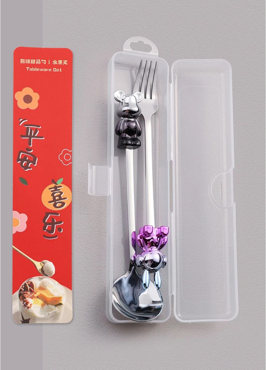 Набор столовых приборов вилка и ложка с декором в виде градиентного зайца и медведя с боксом. Серебро No Brand (336884603)