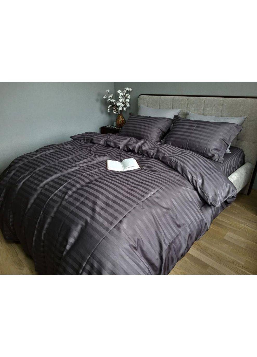 Постельное белье с резинкой ROYAL GRAY, сатин страйп PREMIUM 2/2см Полуторный размер, наволочки 70/70 No Brand (364220786)