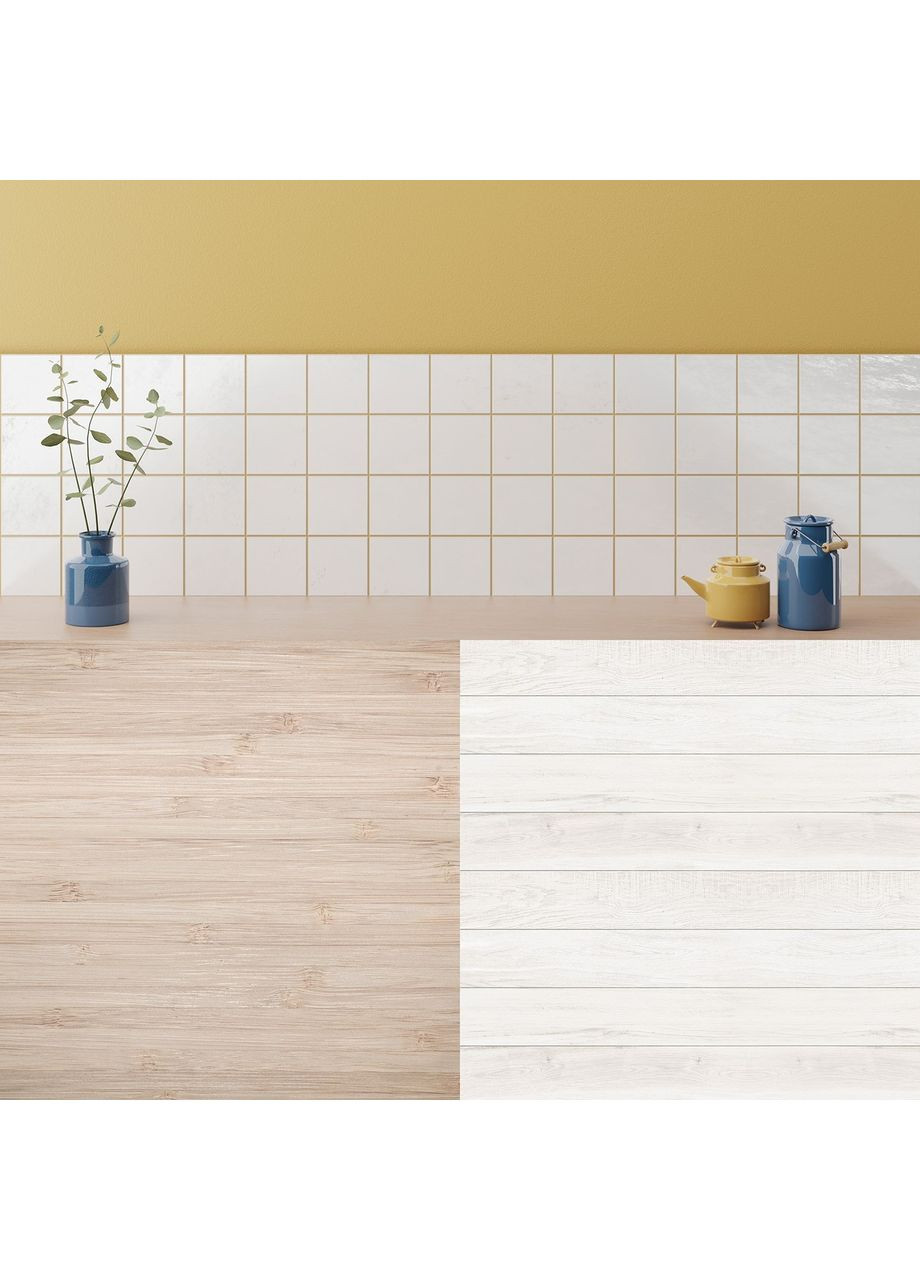 Фотофон вініловий 3D, кухня з плиткою і жовтою стіною, підлога світле і біле дерево, 50×50 см, №58222 PhotoVinyl (354372177)