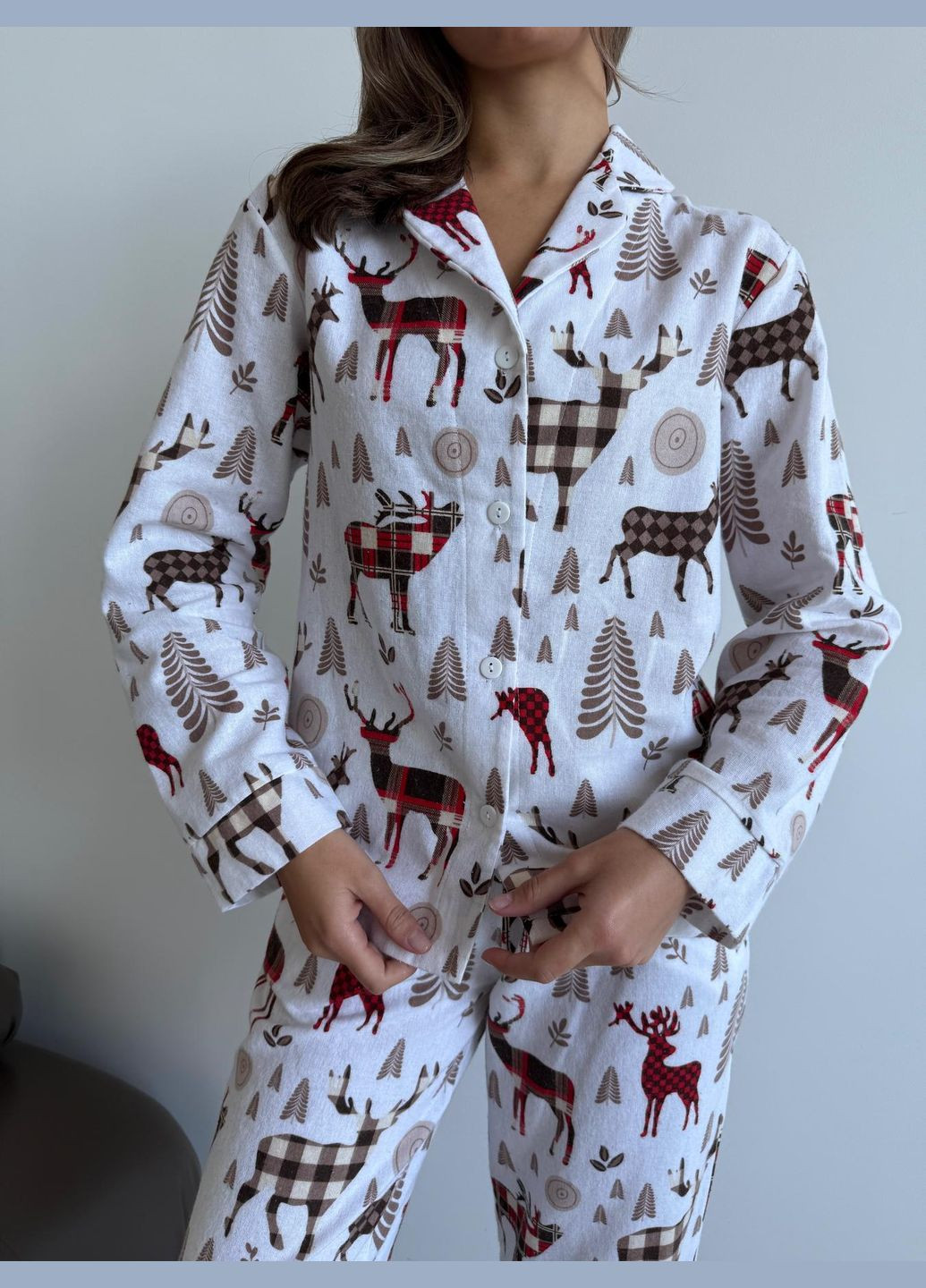 Молочная всесезон домашняя женская пижама "норди" с оленями рубашка + брюки Cosy
