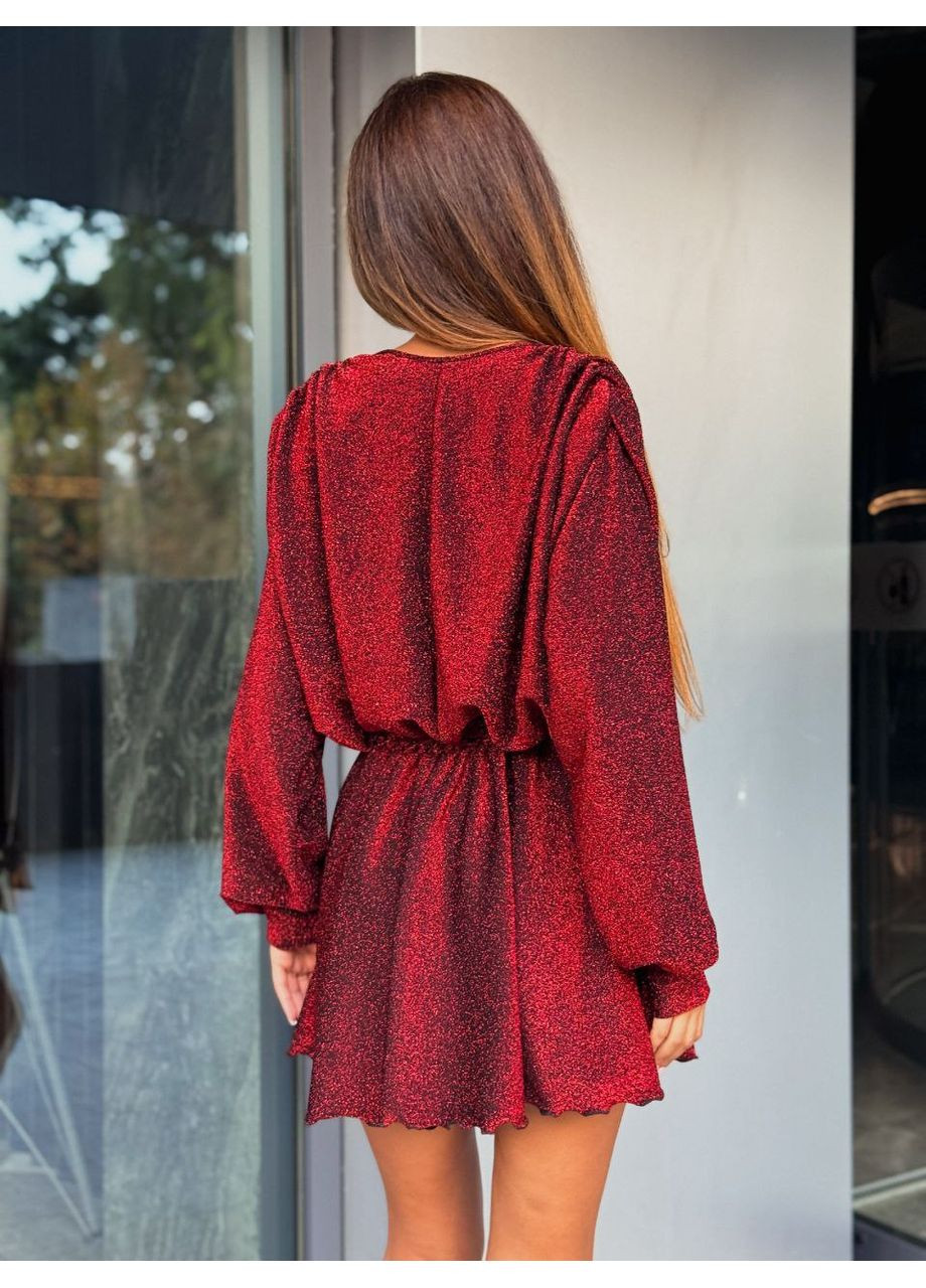 Червона вечірня сукня з люрексу з призборкою по плечах — замір в описі DK/DL Мода без кордонів однотонна