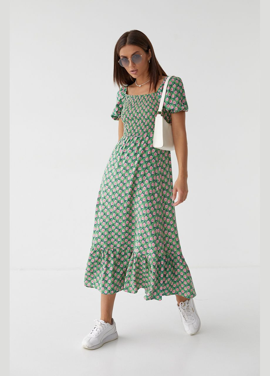 Зеленое повседневный женское длинное платье с эластичным поясом 5554 Lurex с цветочным принтом