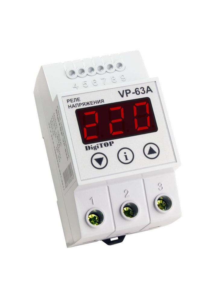 Захисне реле напруги однофазне VP-63A на DIN-рейку, 63А, 13500Вт, 120-270В, тримодульне з індикатором напруги (червоний) DIGITOP (315434322)