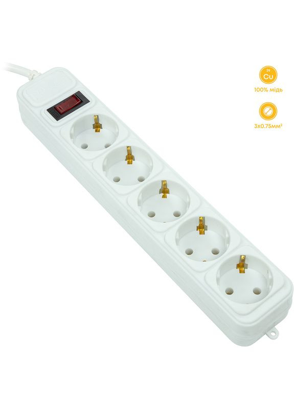 Мережевий фільтр 5м, 3x0.75мм2, 5 розеток, євростандарт, 100% мідь (JY-1056/5B) PowerPlant (314832981)