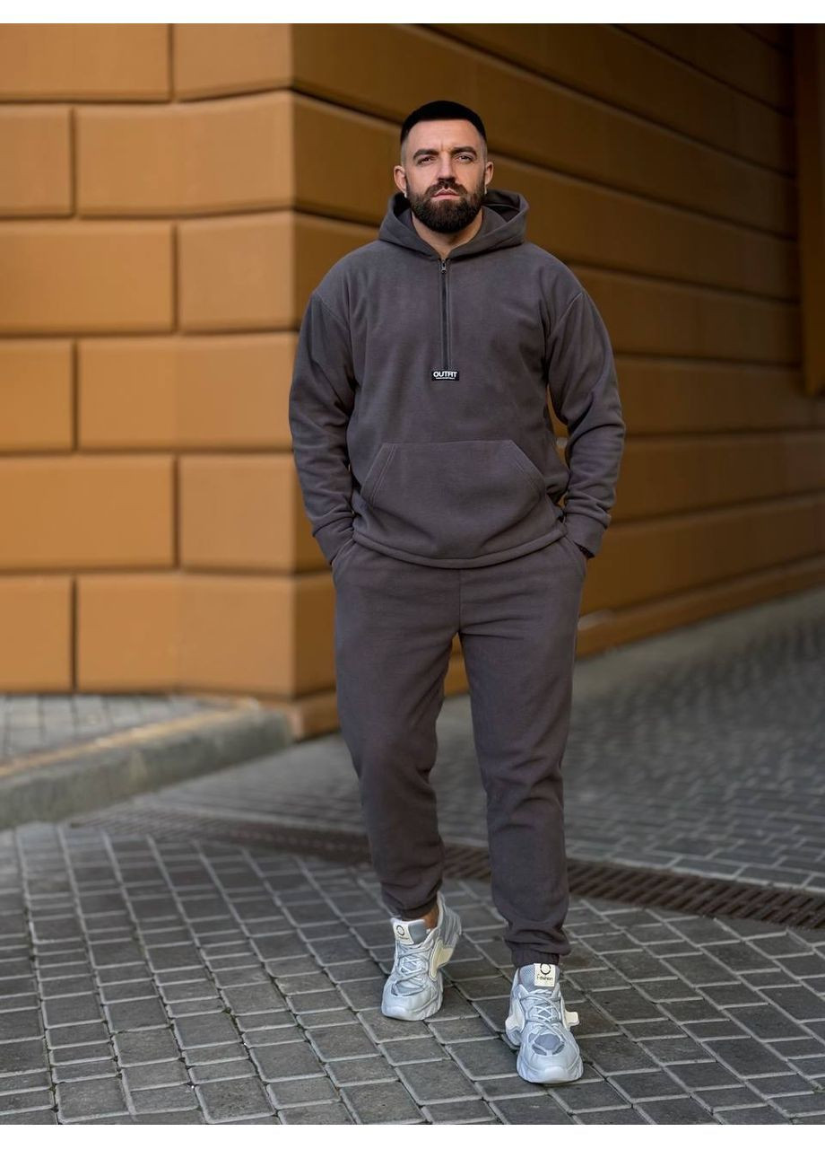 Графітовий зимній чоловічий теплий флісовий костюм із капюшоном брючний No Brand