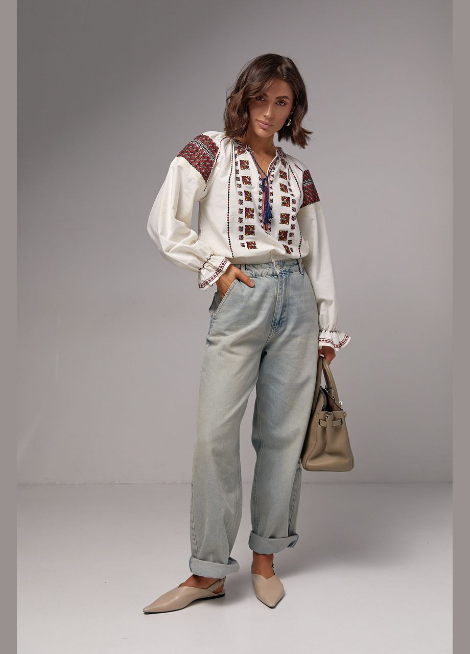 Женская вышиванка на завязках с рукавами-регланами - молочный Lurex (282957738)
