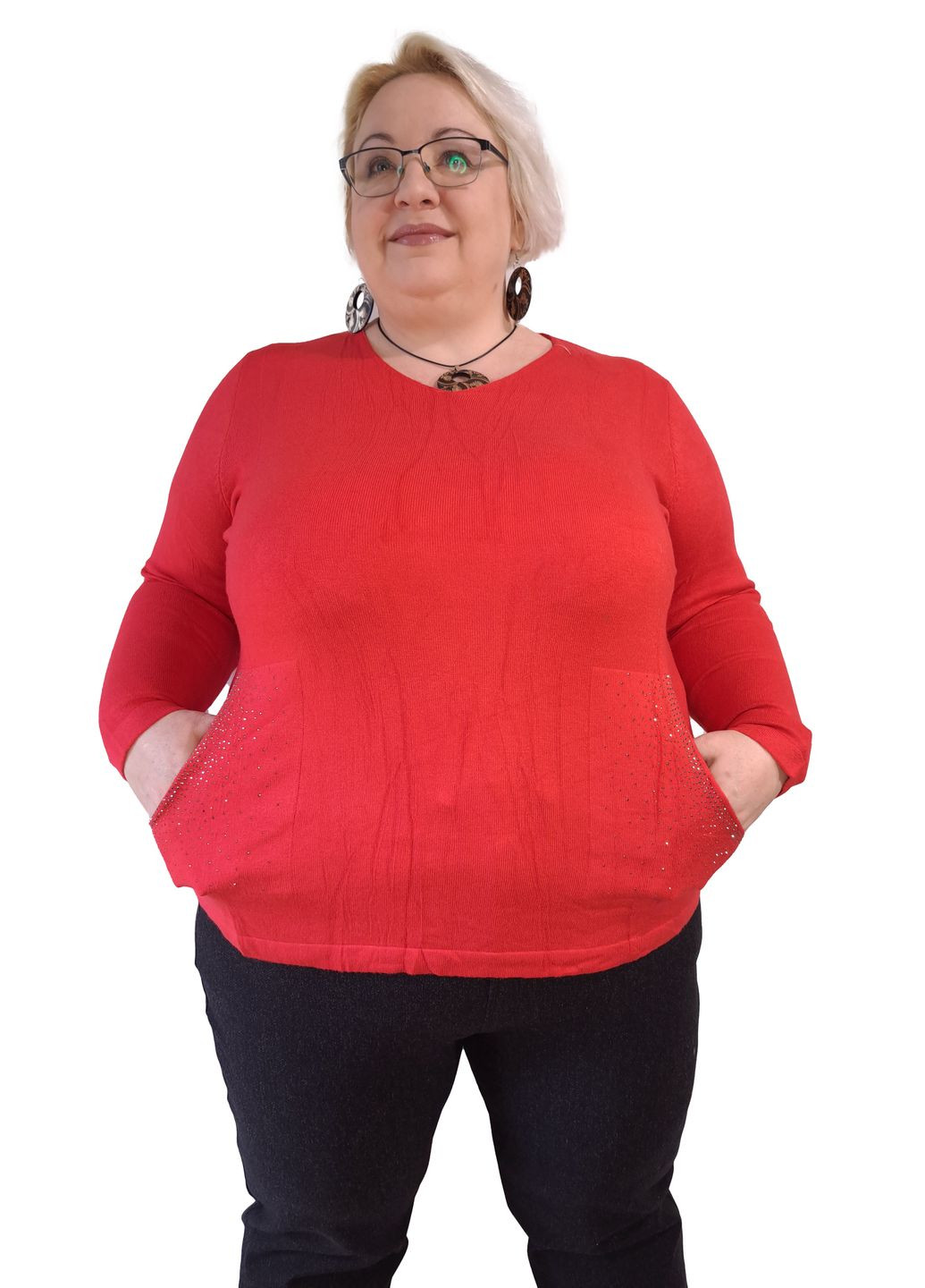 Червоний демісезонний светр жіночий v-образна горловина, теплий, з кишенями та стразами "трапеція", батальний размер No Brand