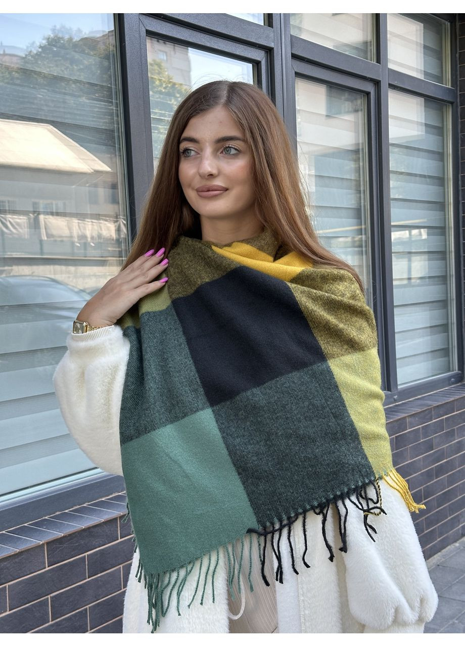 Платок женский теплый в клетку зелено-желтый большой No Brand (359429690)