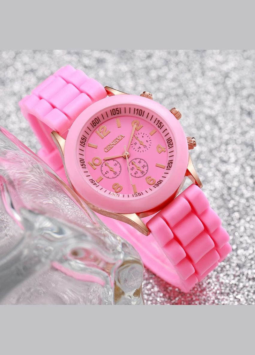 Годинник наручний Жіночі силіконовий браслет мітки цифри механізм кварцовий Рожевий Geneva (316251769)