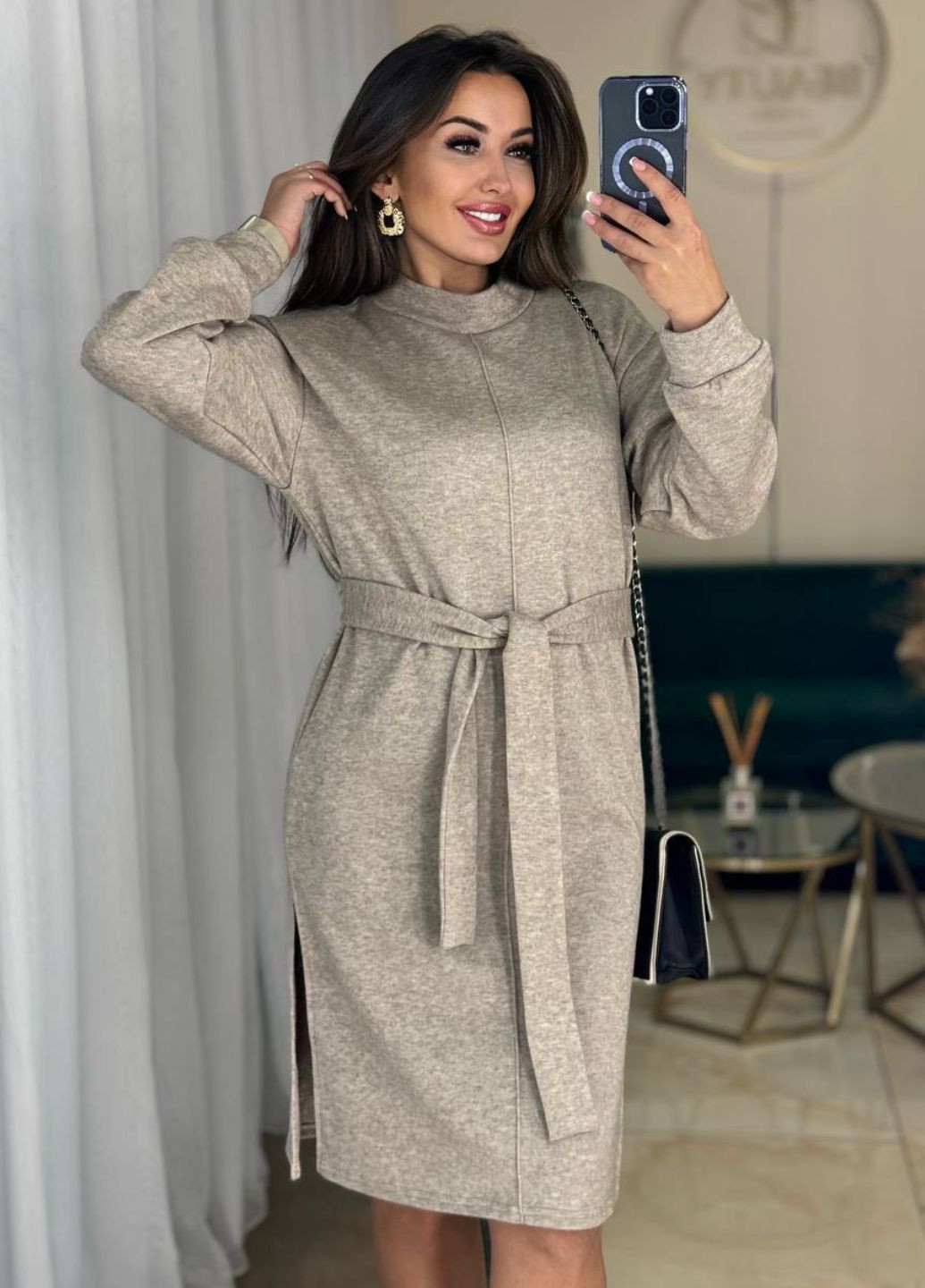 Бежевое повседневный миди платье с разрезами и поясом Allthings меланжевое