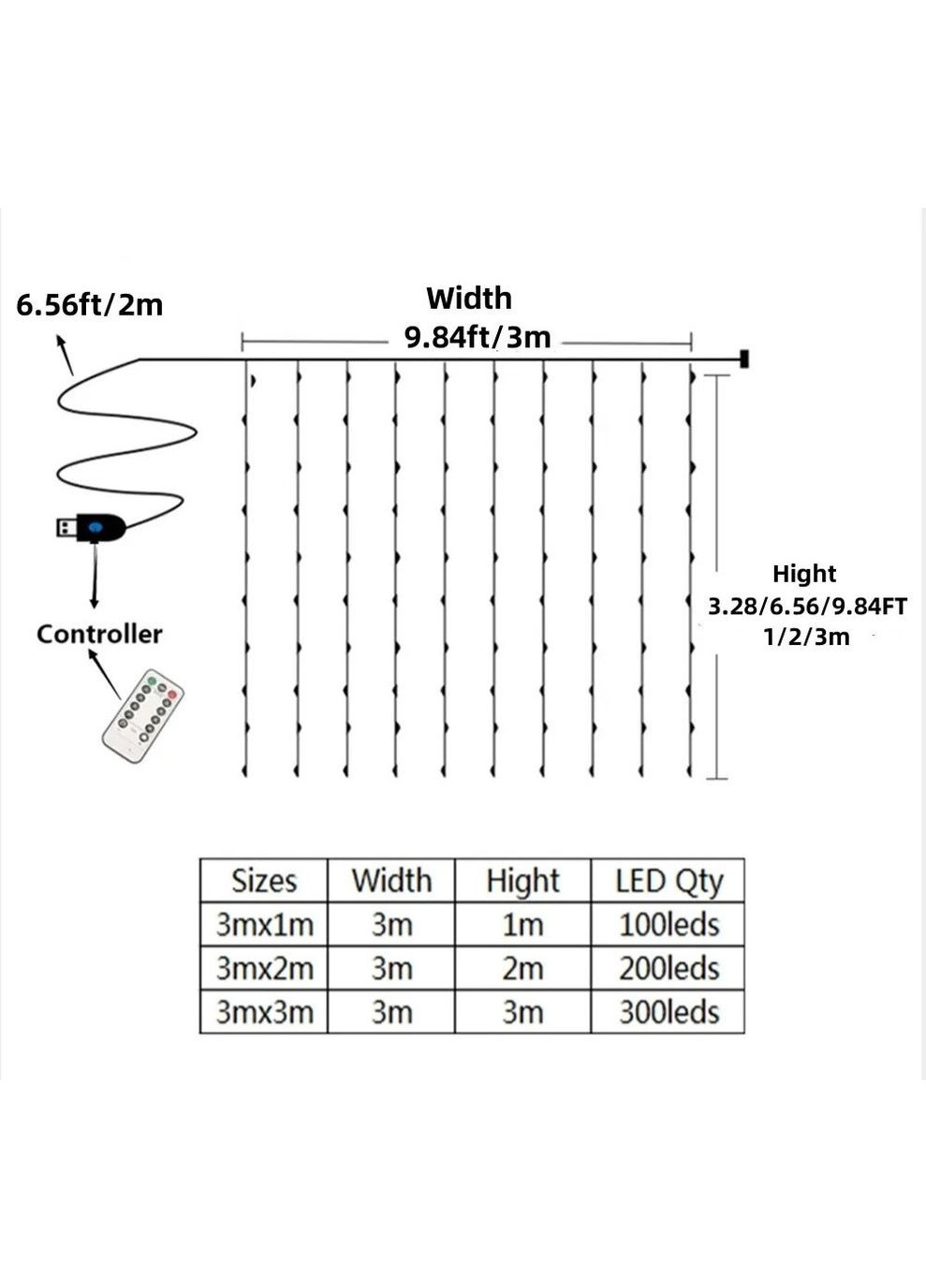 USB гирлянда-занавес 3×3 м 300 LED с пультом 8 режимов теплый белый No Brand (369944008)