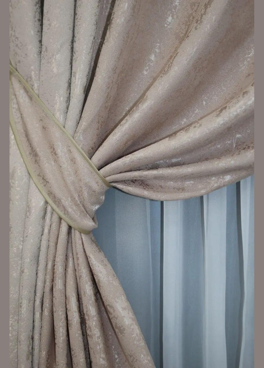 Штори для залу жаккардові 2 шт штори 1.5 х 2.7 м + тюль 4 х 2.7 м Бежевий (П4К-014дк (1177-1362ш)-02) No Brand (306633498)